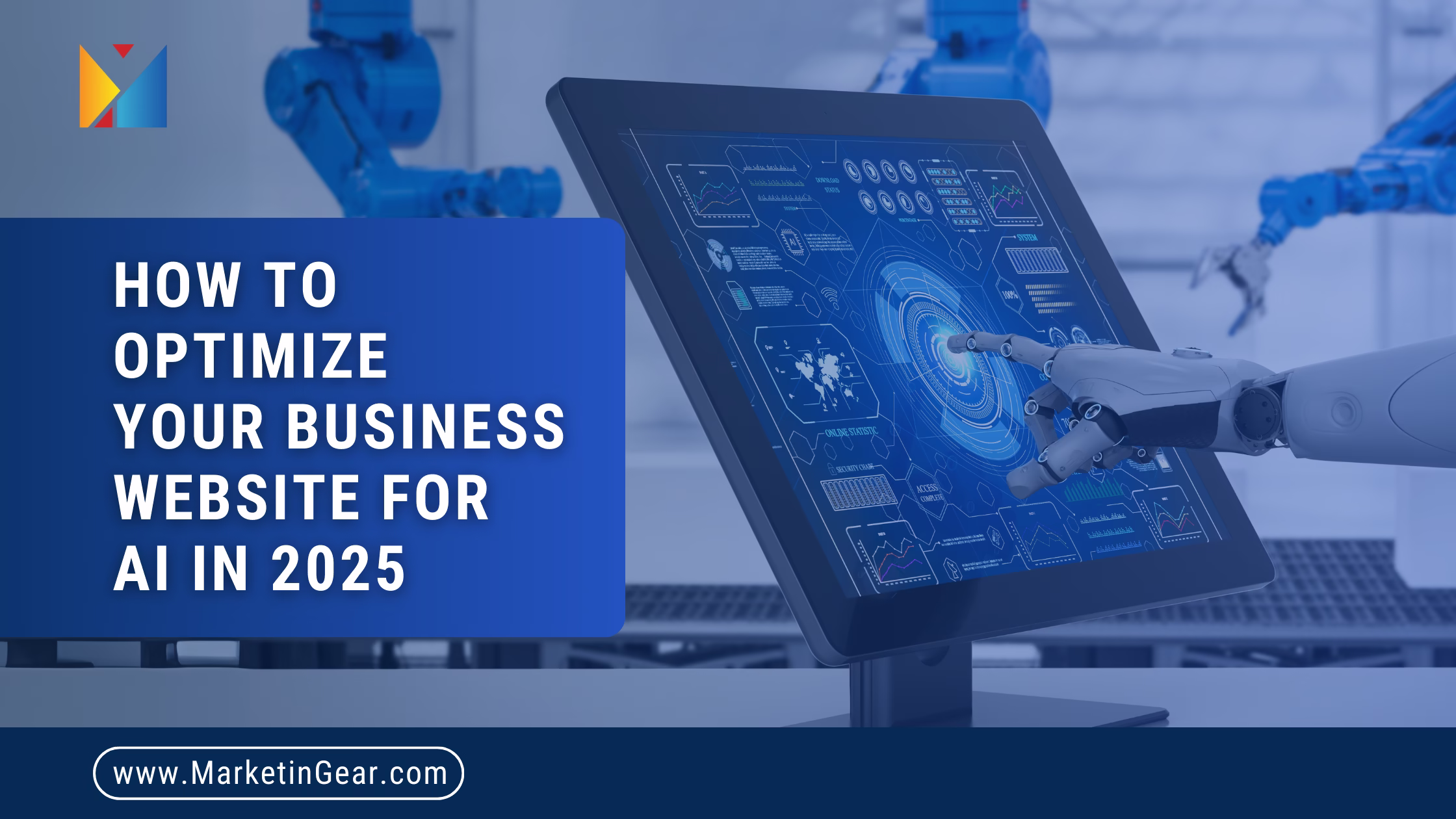 Business website interface with AI icons and graphs